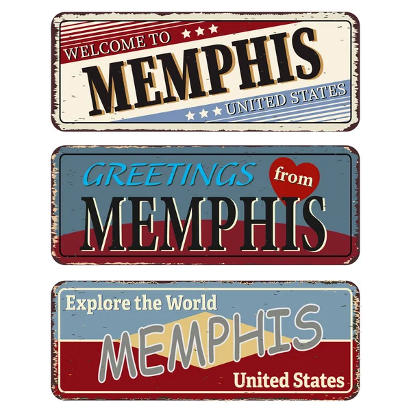 Memphis souvenirs retro o viejas plantillas de tarjetas postales de papel sobre fondo oxidado. Estados Unidos — Vector de stock