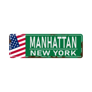 Beyaz arkaplanda Manhattan yeşil yol işareti izole.