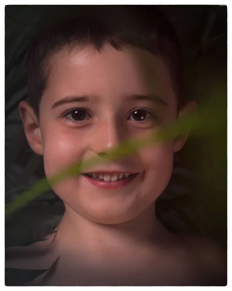 El niño mira a la cámara, con hojas de palma en primer plano. Retrato infantil a través de las hojas. — Foto de Stock
