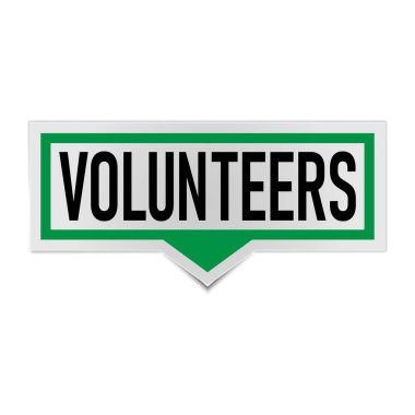 Beyaz arka planda kelime gönüllüsü yazılı yeşil kağıt konuşma afişi.