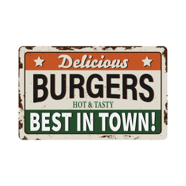 Antika Metal İşareti - şehirdeki en lezzetli hamburgerler - Vector EPS10. Grunge efektleri yepyeni, temiz bir tasarım için kolayca çıkarılabilir..