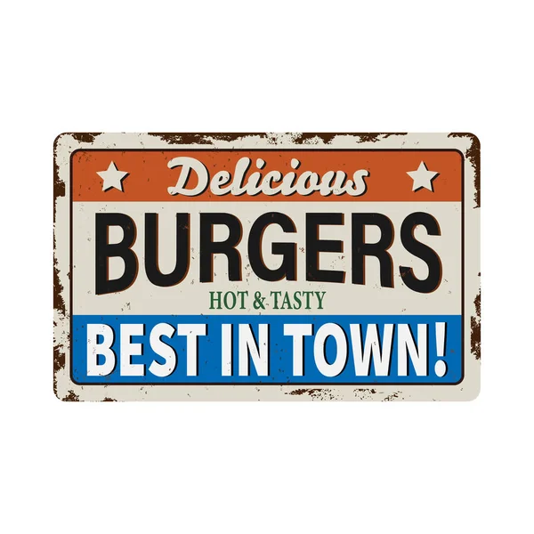 Burger poster pubblicitario colorato in stile vintage per istituzione fast food con texture grunge e testo campione su strati separati — Vettoriale Stock