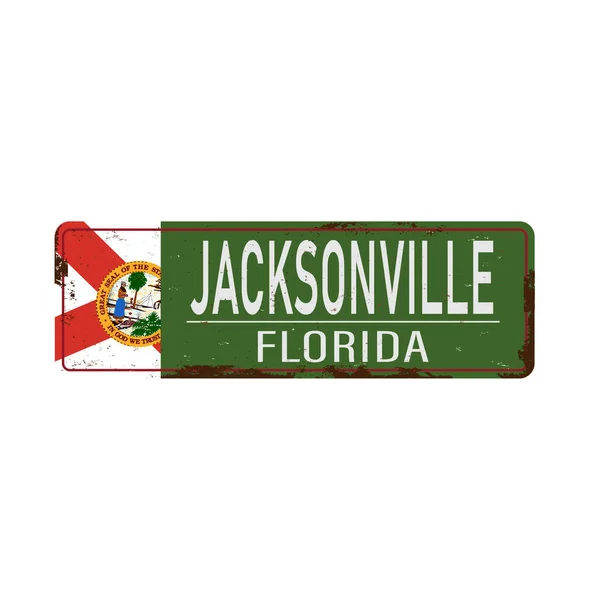 白色背景上的绿色Jacksonville florida旗复古生锈的金属标志，矢量图解 — 图库矢量图片