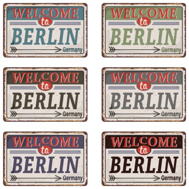 Vintage Turistik tebrik kartı tabelası - Berlin, Almanya - Vector EPS10. Grunge efektleri yepyeni, temiz bir tabela için kolayca çıkarılabilir..
