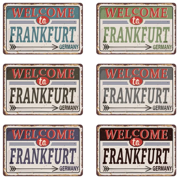 Vintage collection de panneaux en étain avec la ville Allemagne. Francfort. L'Allemagne. Le capital. Souvenirs rétro ou modèles de cartes postales sur fond rouille. Vieux papier vintage. Panneau routier — Image vectorielle