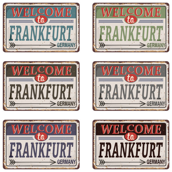 Vintage tin sign collection with Germany city. Frankfurt. Germany. Capital. Retro souvenirs or postcard templates on rust background. Vintage old paper. Road sign