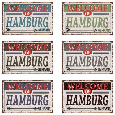 Kalay levhası. Hamburg şehrinin klasik poster vektörü seti. Alman şehrinin eski kalay tabelası. Hamburg. Paslı arkaplanda geçmişe dönük hatıralar veya kartpostal şablonları.
