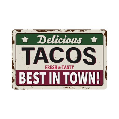 Meksika restoranlarında geleneksel taco yemeği için vektör retro işareti şablonu. Sıcak ve baharatlı Meksika tacoları eski yeşil metal arka planda reklam yapıyor..
