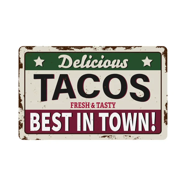 Modello di segno retrò vettoriale per il pasto tradizionale taco nei ristoranti messicani. Hot e piccante tacos messicani pubblicizzare su sfondo vecchio metallo verde. — Vettoriale Stock