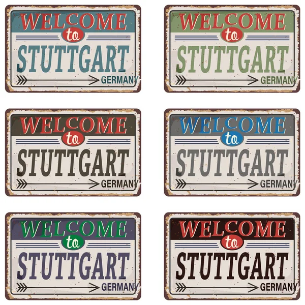 Retro Blechschildersammlung mit der Stadt Stuttgart Vintage Vector Souvenirschild oder Postkartenvorlagen — Stockvektor