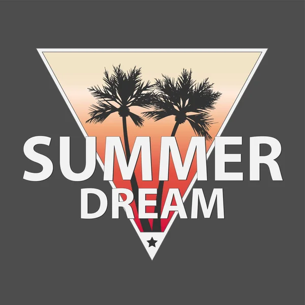 SOMMER DREAM LOGO Handgemachte Palmen im Retro-Stil. Design Mode Bekleidung texturierten Druck. T-Shirt Grafik Vektor Illustration Abzeichen Etikett Logo Vorlage. — Stockvektor