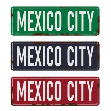 Mexico City Vintage vektör hatıra işareti ya da kartpostal şablonları ile Retro teneke tabela koleksiyonu.