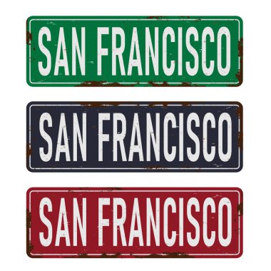 Kalay levha koleksiyonu San Francisco. Vintage arkaplanda geçmişe dönük hatıralar veya kart şablonları.