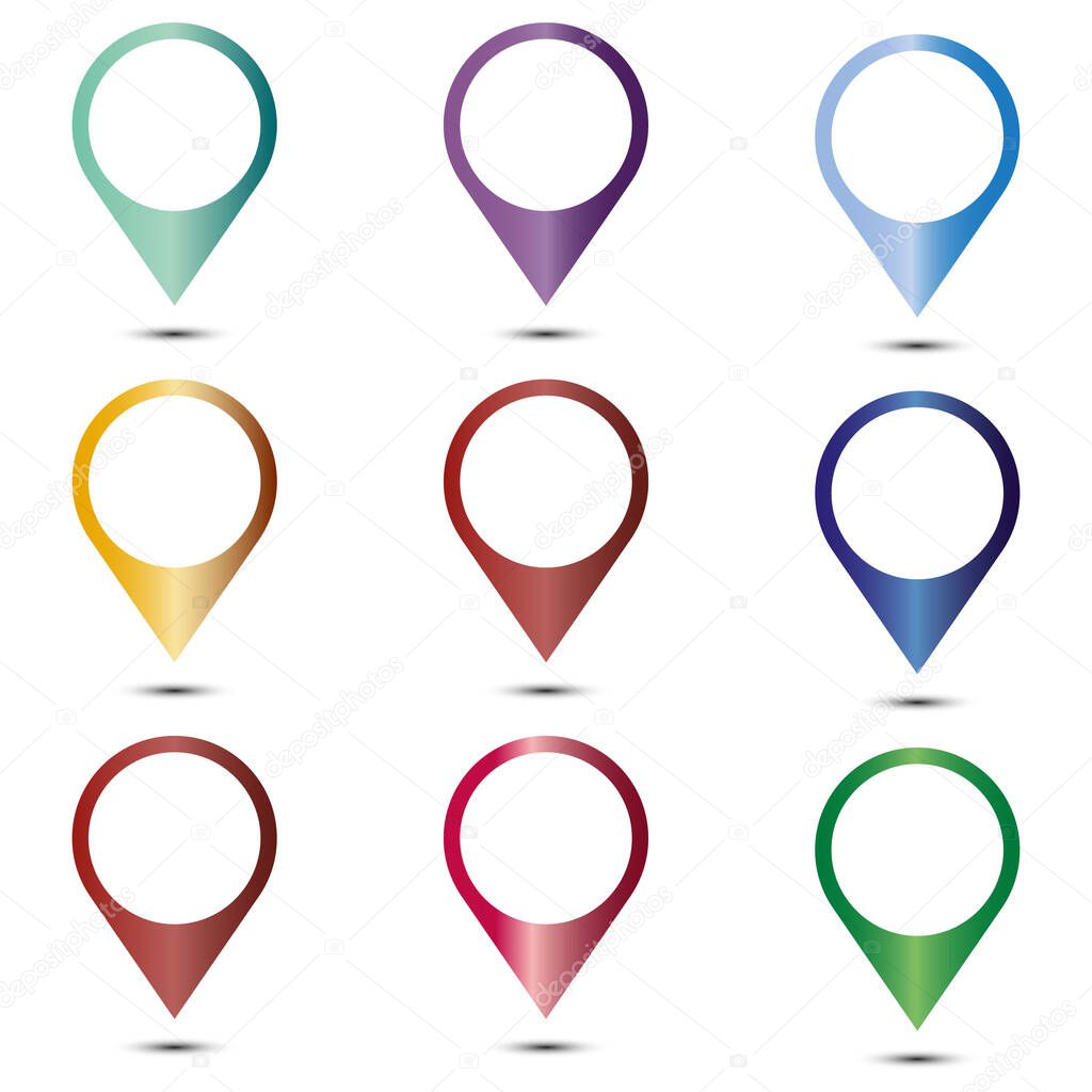 mapping pins icon web buttons. Colored satined round shapes with shadow on white