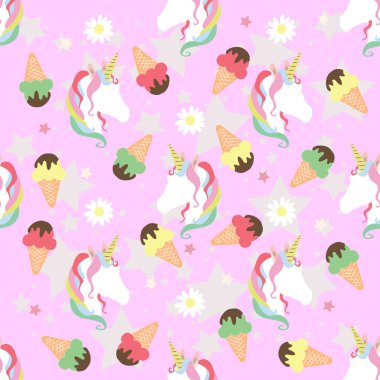 Çiçek çiçek bahçe ve dondurma sorunsuz desen sevimli tatlı prenses kız tek boynuzlu at, illüstrasyon vektör pembe arka plan tasarımı