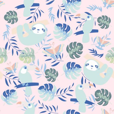 pembe pastel renk arka planda sevimli tembellik ve kuş dikişsiz desen