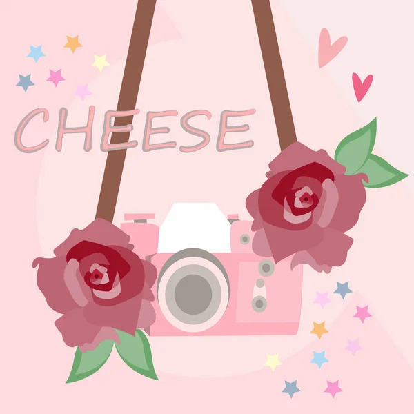 Pembe renkli arka plan üzerinde düz bir tarzda Retro kamera. Eski kamera peynir demek.