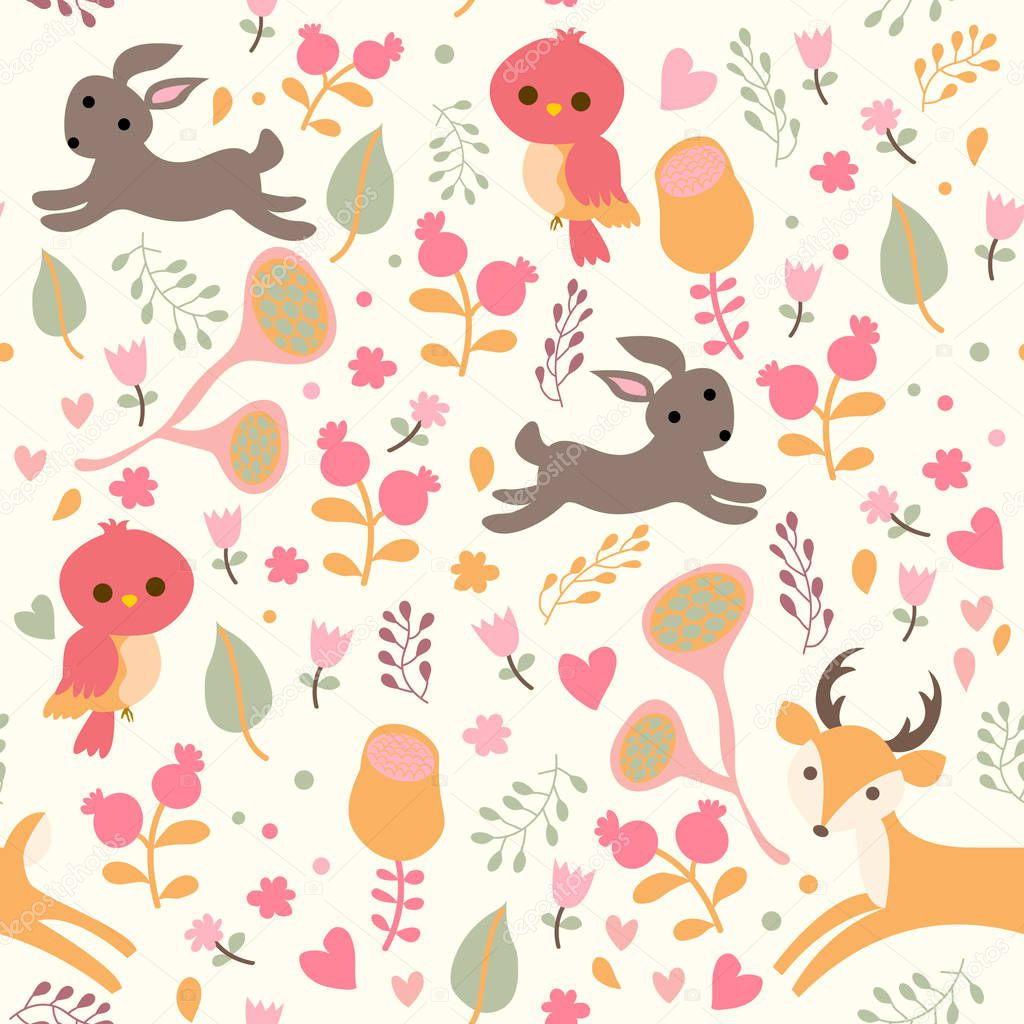 Cute rabbit in colorful sweet pink and yellow flower garden seamless pattern,illustration vector by freehand doodle comic art background
