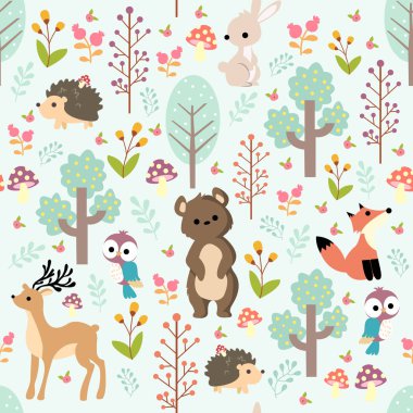 bebek hayvan kuş ile sevimli desen, baykuş, tilki, tavşan, kirpi, geyik ve çiçek bırakmak, pembe arka plan üzerinde illüstrasyon vektör