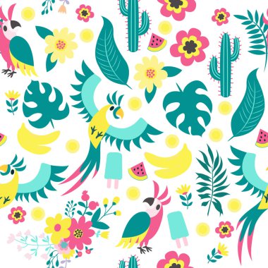 Orman yaprakları ile sevimli karakter kuş Vektör sorunsuz desen illüstrasyon. İzole karikatür kuş ve çiçek. Ormanda elle çizilmiş hayvan sinek. Baskı, tekstil, poster vb. için çizim.