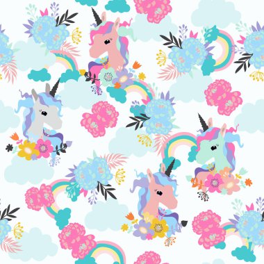 unicorn Dikişsiz Desen Arka Plan, Bulutlar arasında gökyüzünde Mutlu sevimli tek boynuzlu at, gökkuşağı ve çiçek, Çocuklar arka plan için Karikatür tek boynuzlu at Vektör illüstrasyon 