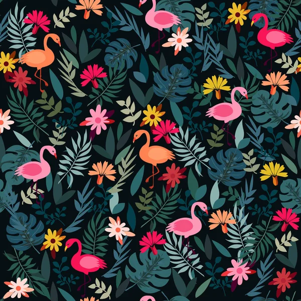 Egzotik yeşil palmiye orman ağacı monstera yaprakları ve pembe flamingo kuşlar çift ile Tropikal dikişsiz desen doku. Arka plan, dekorasyon, moda, kumaş, tekstil için vektör tasarım illüstrasyon.