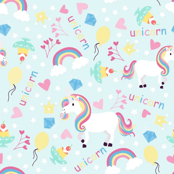 print unicorn Seamless Pattern Background, Bulutlar arasında gökyüzünde mutlu sevimli tek boynuzlu at, gökkuşağı ve çiçek, Çocuklar arka plan için Karikatür tek boynuzlu at Vektör illüstrasyon 