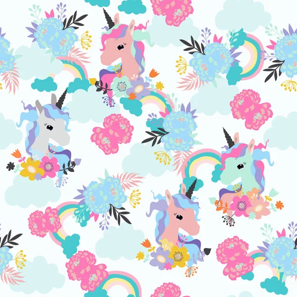 unicorn Dikişsiz Desen Arka Plan, Bulutlar arasında gökyüzünde Mutlu sevimli tek boynuzlu at, gökkuşağı ve çiçek, Çocuklar arka plan için Karikatür tek boynuzlu at Vektör illüstrasyon 