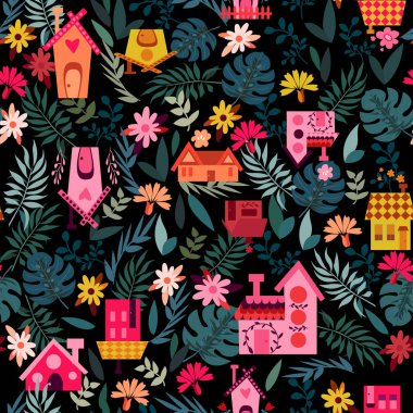 baskı kumaş veya ambalaj hediye kağıdı için siyah arka plan üzerinde sevimli tropikal renkli şehir ev dikişsiz desen