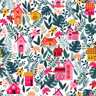 Terk ve çiçek dikişsiz desen ile beyaz bir arka plan üzerinde Sevimli ev