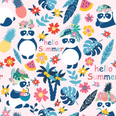 Sevimli Dikişsiz Desen sevimli yaz hayvan komik tema, panda ayı, pembe arka plan illüstrasyon renkli vektör, el çizmek doodle karikatür çizgi roman, baskı davetiye kartı veya kumaş için