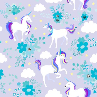 Çiçek ve bulut dikişsiz desenli Karikatür Tek boynuzlu at