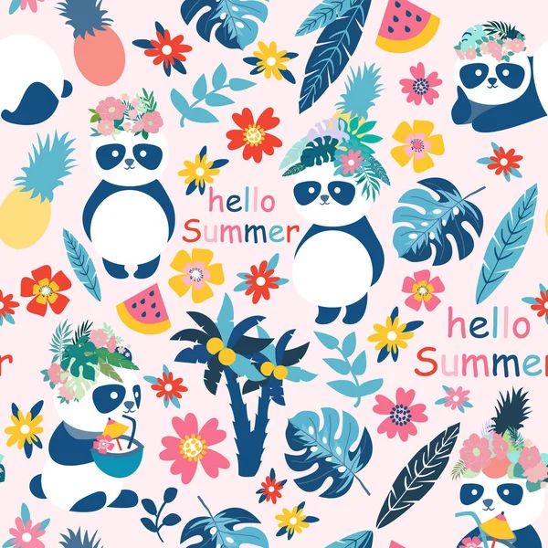 Sevimli Dikişsiz Desen sevimli yaz hayvan komik tema, panda ayı, pembe arka plan illüstrasyon renkli vektör, el çizmek doodle karikatür çizgi roman, baskı davetiye kartı veya kumaş için