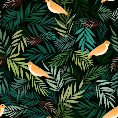 Botanik tropikal yeşil izin ve kuş dikişsiz desen, bahçe konsepti, Mutlu yaz tropikal orman orman sahne, siyah arka plan üzerinde illüstrasyon vektör