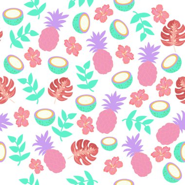 güzel dikişsiz desen pembe arka plan üzerinde romantik çiçek ve ananas ile pastel renk bırakın, sevgililer veya doğum günü kartı davetiyesi için tatlı desen vektör