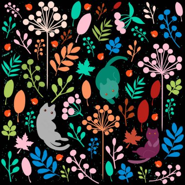 sevimli desen renkli vahşi yaprak ve kedi neşeli bahar yaz, Afrika botanik tropikal ormanlık tarzı, siyah arka plan, illüstrasyon vektör üzerinde davet kartı için