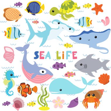 sevimli desen deniz yaşamı balık, köpekbalığı, balina, yengeç, denizatı ve kabuk neşeli bahar yaz, Afrika botanik tropikal ormanlık tarzı, davetiye kartı arka plan için, illüstrasyon vektör