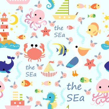 sevimli dikişsiz desen deniz hayvan ahtapot ve denizanası yosun ve denizyıldızı neşeli bahar yaz, Afrika botanik tropikal ormanlık tarzı, davetiye kartı arka plan için, illüstrasyon vektör