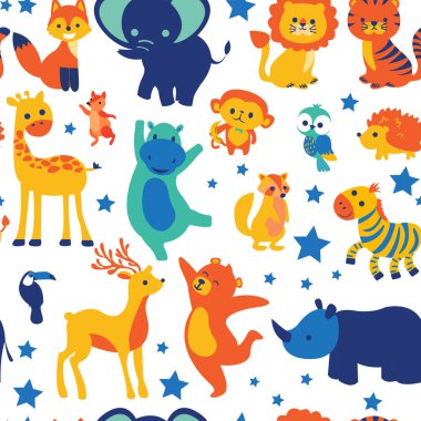 sevimli dikişsiz desen renkli hayvan ve yıldız neşeli bahar yaz, Afrika botanik tropikal ormanlık tarzı, davetiye kartı arka plan için, illüstrasyon vektör