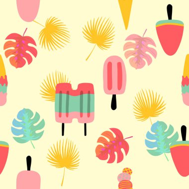 sevimli dikişsiz desen renkli yaprak ve dondurma neşeli bahar yaz, Afrika botanik tropikal ormanlık tarzı, davetiye kartı arka plan için, illüstrasyon vektör