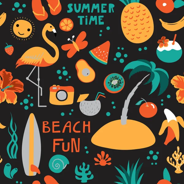 カラフルなビーチの楽しい 要素とシームレスなパターンは デザインファブリック用 漫画の夏の時間と壁紙 — ストックベクタ