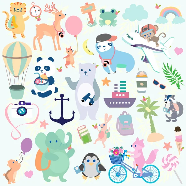 Sevimli renkli tatlı yaban hayatı hayvan panda, oyuncak ayı, tembel, fil, tavşan, tilki, geyik ve maymun desen, freehand doodle komik sanat, botanik tropikal yaz seyahat tarzı tarafından illüstrasyon vektör