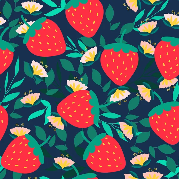 かわいいシームレスなパターン赤いイチゴと花は楽しい春の夏を残し アフリカの植物熱帯林スタイル 招待カードの背景 イラストベクトルのために — ストックベクタ
