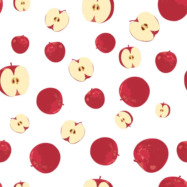 シームレスなパターン赤いリンゴの実と白い背景のスライスアップル — ストックベクタ