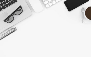 Bilgisayar notebook, telefon, gözlük ve kahve fincanı ile beyaz ofis masası masa, üst görünüm çalışma alanı tasarım illüstrasyon 3d render