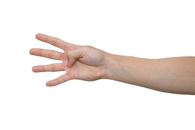 Kırpma yolu ile beyaz arka plan üzerinde izole dört parmak gösteren adam el.