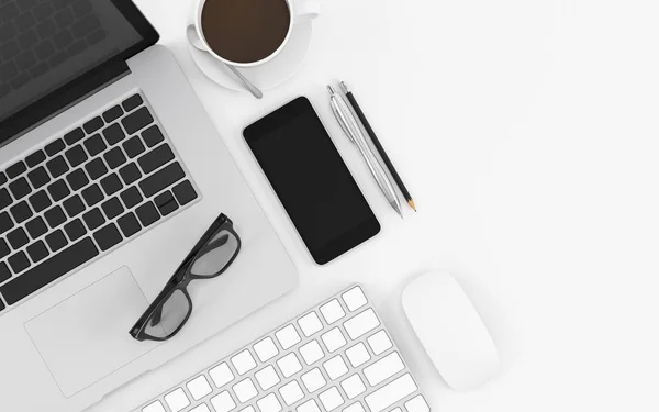 Mesa de escritorio de oficina blanca con computadora portátil, teléfono, vasos y taza de café, ilustración de diseño de espacio de trabajo vista superior 3D renderizado — Foto de Stock