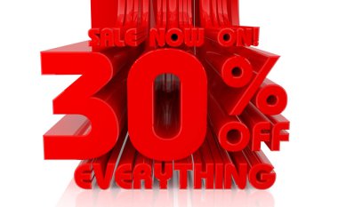 3d Satış Şimdi Beyaz arka plan 3d render üzerinde Her şey kelime kapalı% 30