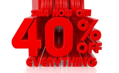 3d Satış Şimdi Beyaz arka plan 3d render üzerinde her şey kelime kapalı% 40 