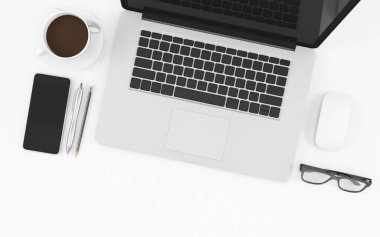 Bilgisayar notebook, gözlük, telefon, fare ve kahve fincanı beyaz arka plan üst görünümü ile Ofis masası, çalışma alanı tasarım illüstrasyon 3d render
